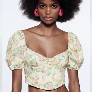 Zara Puff Sleeve Floral Printed Bustier ruched crop top with zipper, medium